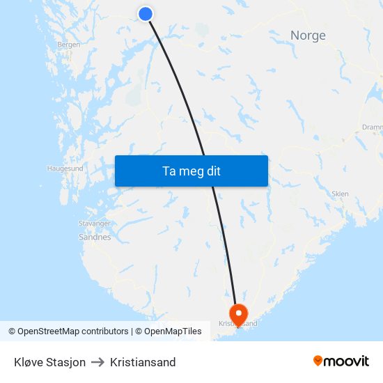 Kløve Stasjon to Kristiansand map