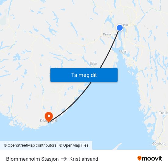 Blommenholm Stasjon to Kristiansand map