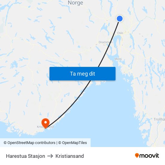 Harestua Stasjon to Kristiansand map