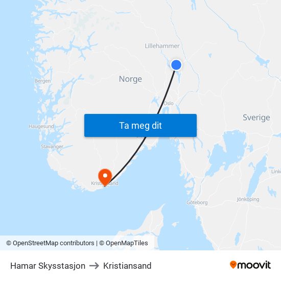 Hamar Skysstasjon to Kristiansand map