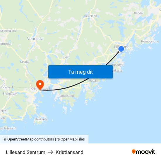 Lillesand Sentrum to Kristiansand map