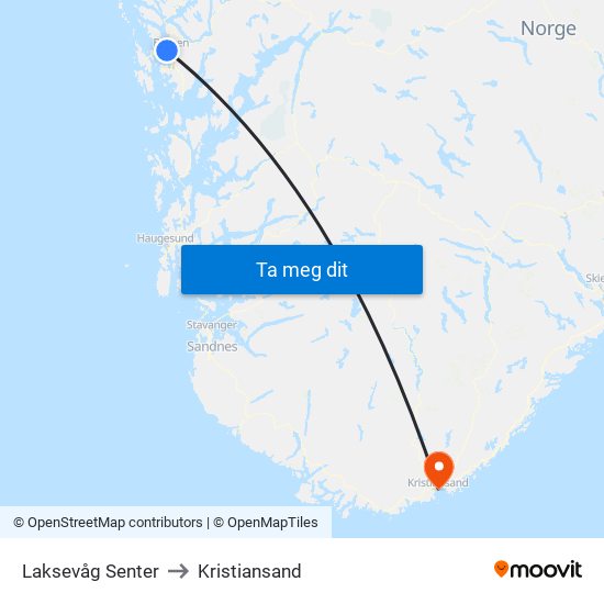 Laksevåg Senter to Kristiansand map