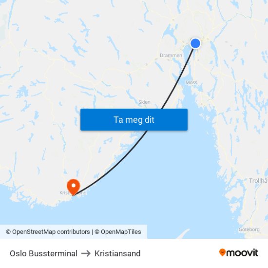 Oslo Bussterminal to Kristiansand map