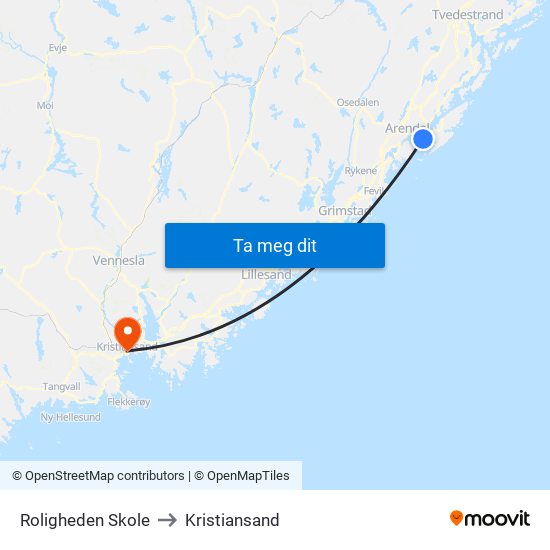 Roligheden Skole to Kristiansand map