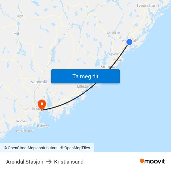 Arendal Stasjon to Kristiansand map