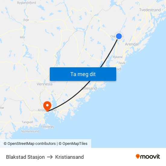 Blakstad Stasjon to Kristiansand map