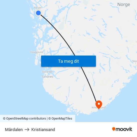 Mårdalen to Kristiansand map