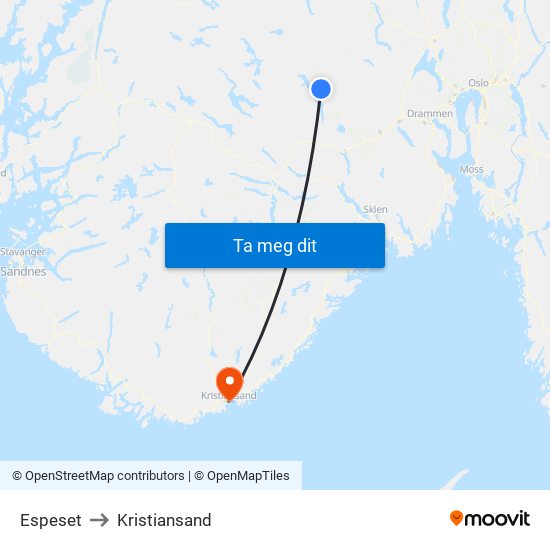 Espeset to Kristiansand map