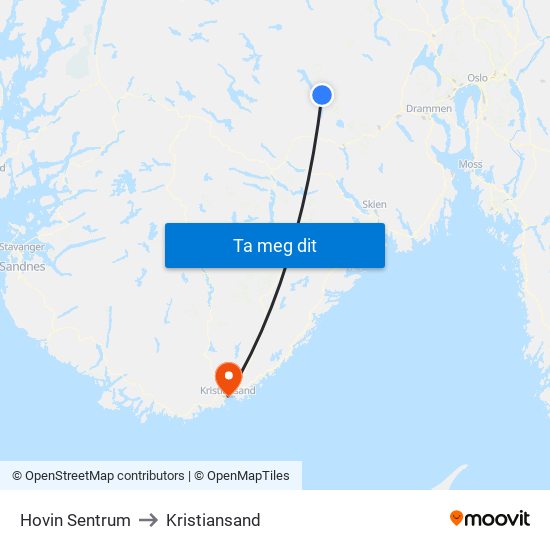 Hovin Sentrum to Kristiansand map