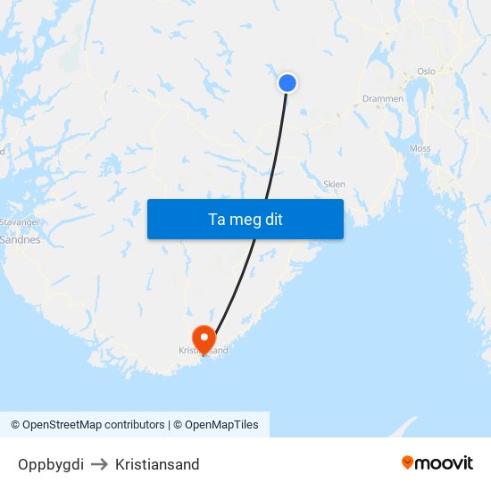 Oppbygdi to Kristiansand map