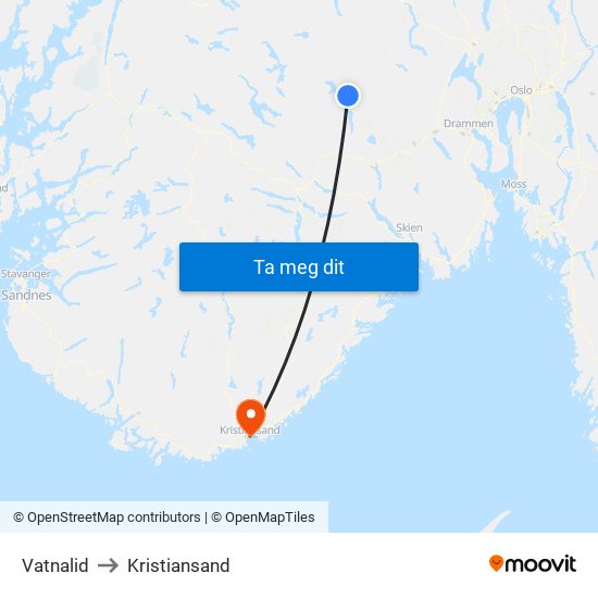 Vatnalid to Kristiansand map