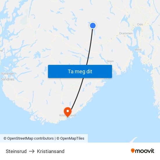 Steinsrud to Kristiansand map