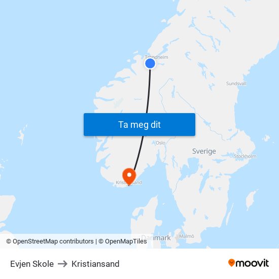 Evjen Skole to Kristiansand map