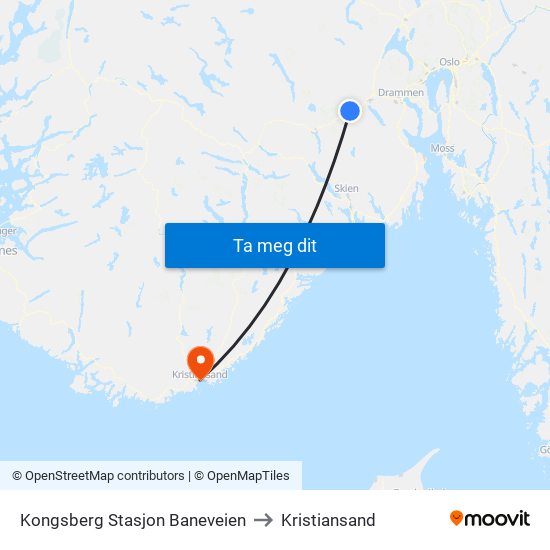 Kongsberg Stasjon Baneveien to Kristiansand map