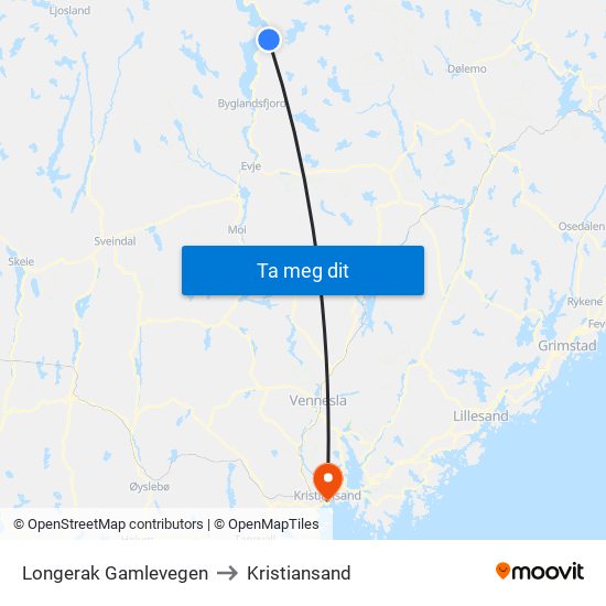 Longerak Gamlevegen to Kristiansand map