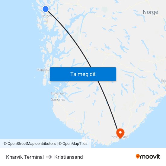 Knarvik Terminal to Kristiansand map