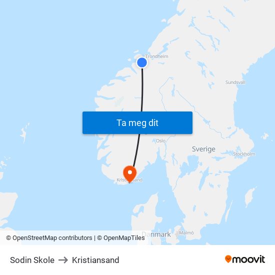 Sodin Skole to Kristiansand map
