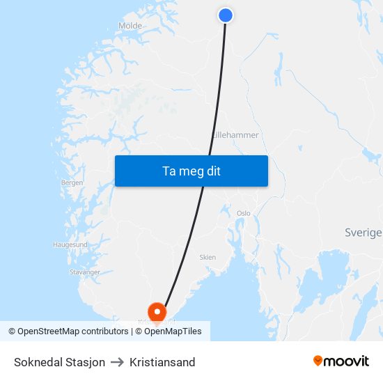 Soknedal Stasjon to Kristiansand map