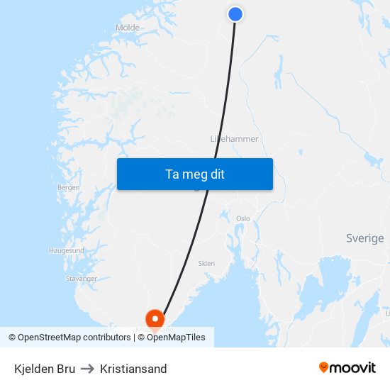 Kjelden Bru to Kristiansand map