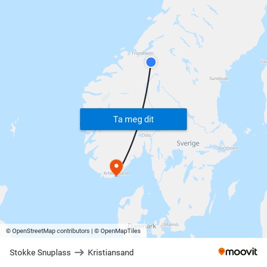 Stokke Snuplass to Kristiansand map