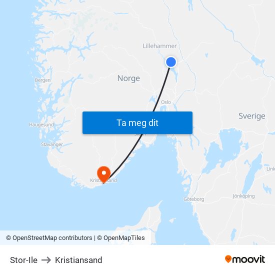 Stor-Ile to Kristiansand map