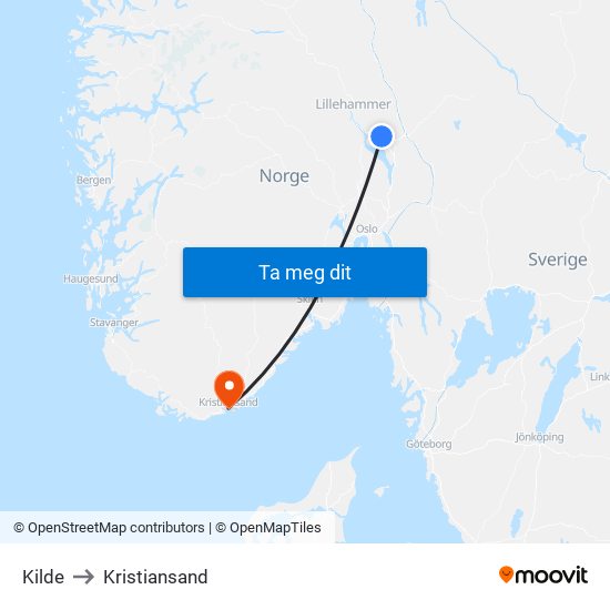 Kilde to Kristiansand map