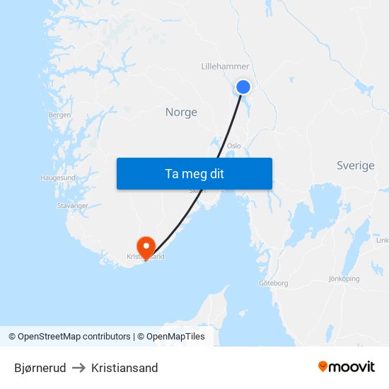 Bjørnerud to Kristiansand map