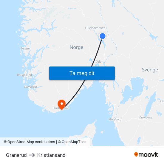 Granerud to Kristiansand map