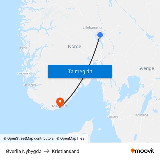 Øverlia Nybygda to Kristiansand map