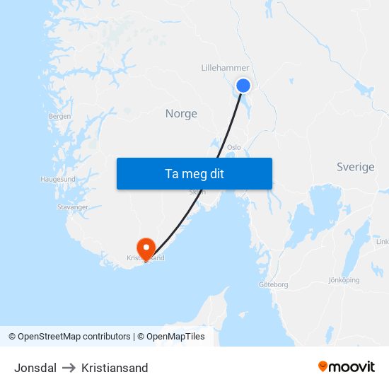 Jonsdal to Kristiansand map