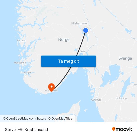 Støve to Kristiansand map