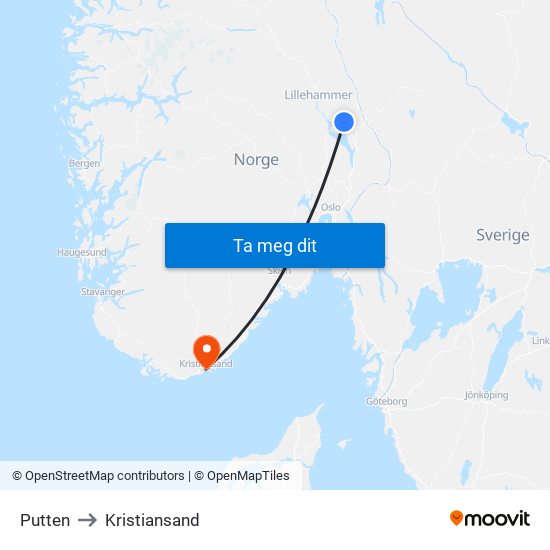 Putten to Kristiansand map