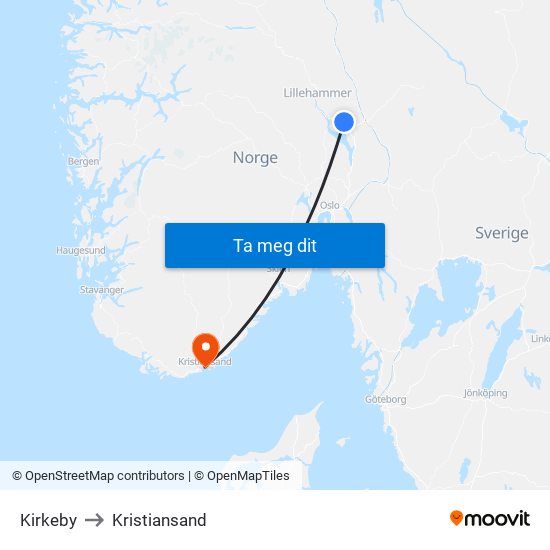 Kirkeby to Kristiansand map