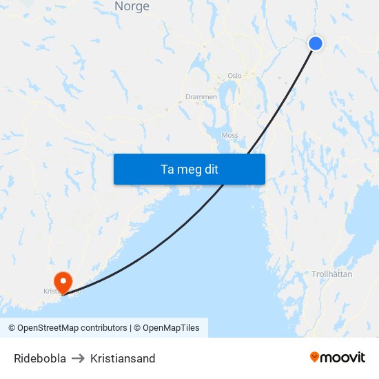 Ridebobla to Kristiansand map