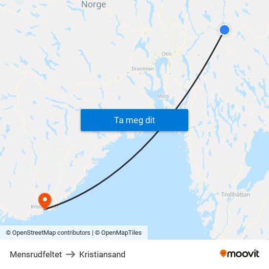 Mensrudfeltet to Kristiansand map