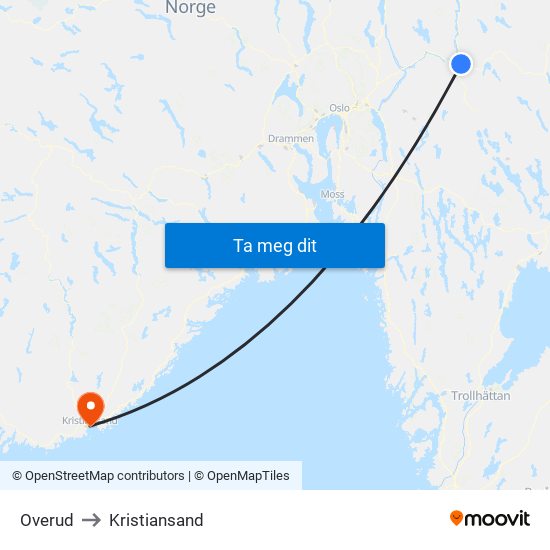 Overud to Kristiansand map