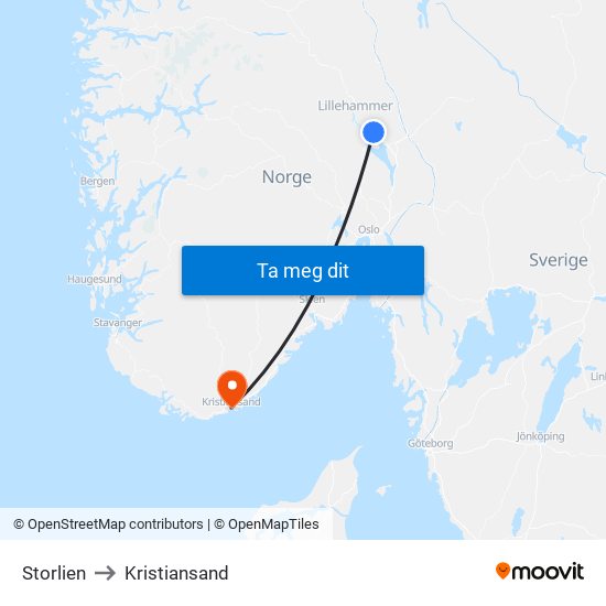 Storlien to Kristiansand map