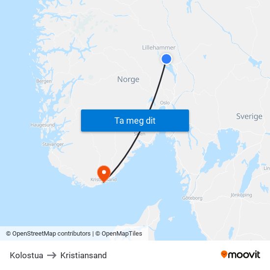 Kolostua to Kristiansand map
