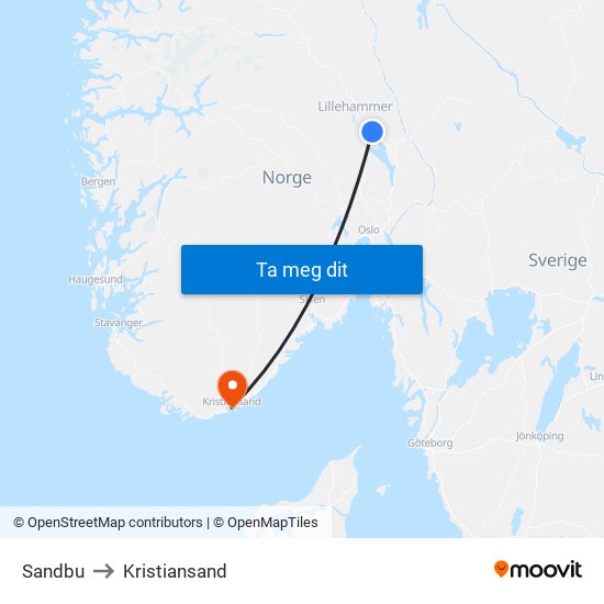 Sandbu to Kristiansand map