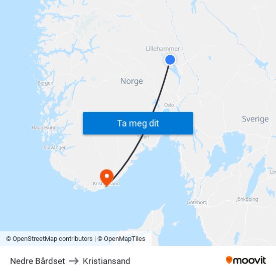 Nedre Bårdset to Kristiansand map