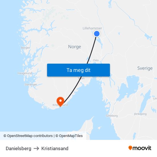 Danielsberg to Kristiansand map