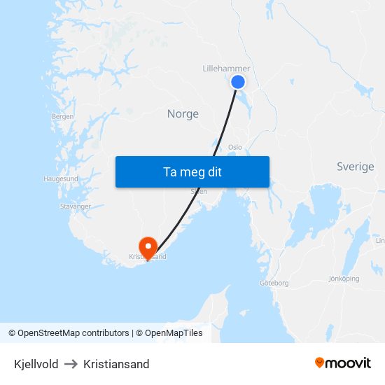 Kjellvold to Kristiansand map