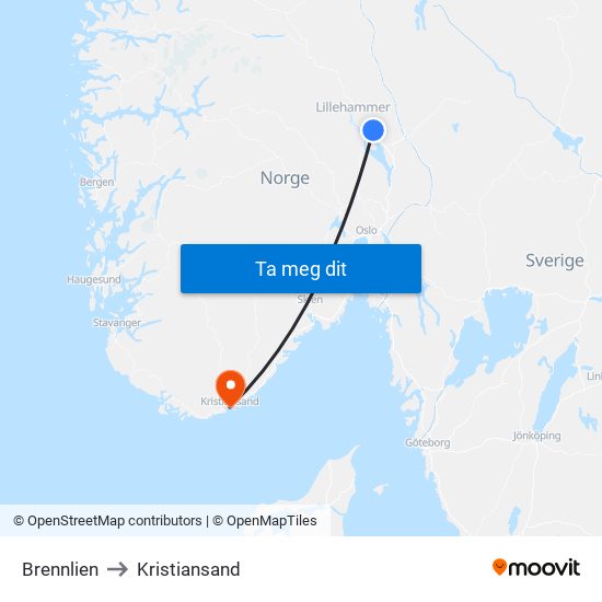 Brennlien to Kristiansand map