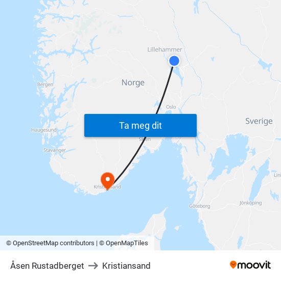 Åsen Rustadberget to Kristiansand map