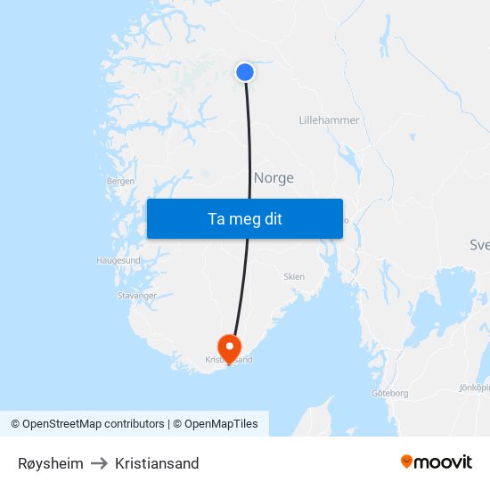 Røysheim to Kristiansand map