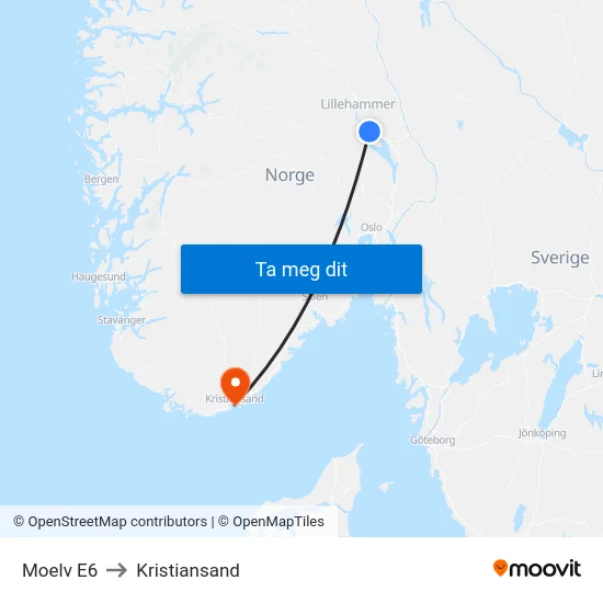 Moelv E6 to Kristiansand map