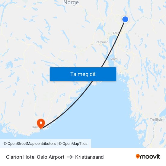 Clarion Hotel Oslo Airport to Kristiansand map