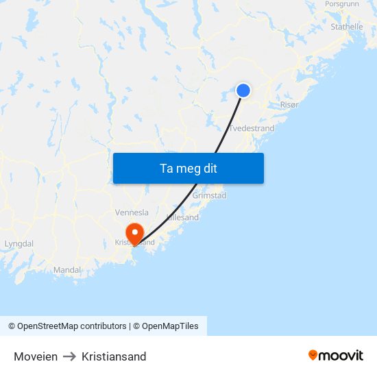 Moveien to Kristiansand map