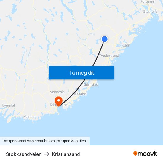 Stokksundveien to Kristiansand map