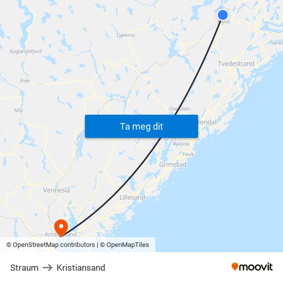 Straum to Kristiansand map